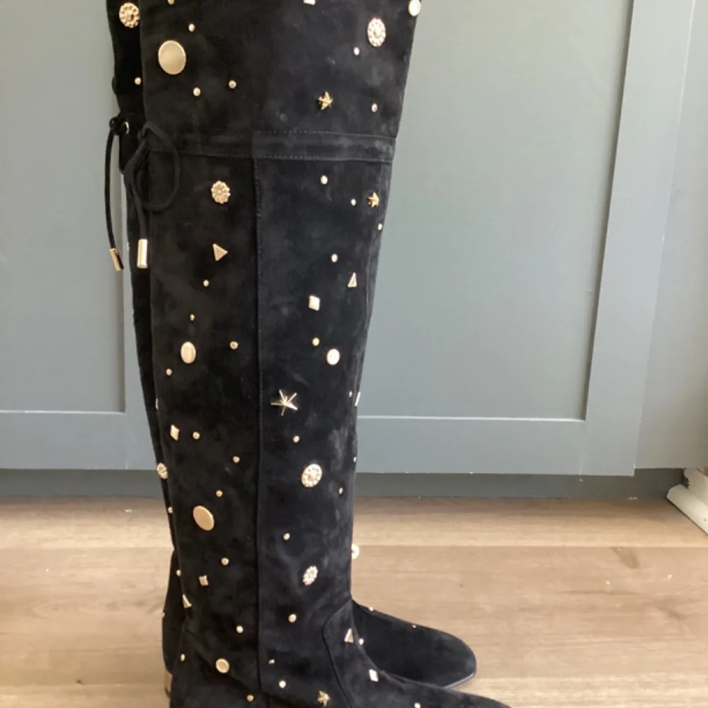 REDUCED ROGER VIVIER Embellished Studded Accent Black Suede OTK Boots Size 37 7